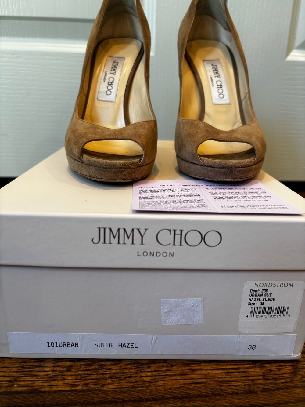 Jimmy Choo Hazel Suede Peep-Toe Pumps in Hazel Tan size 38